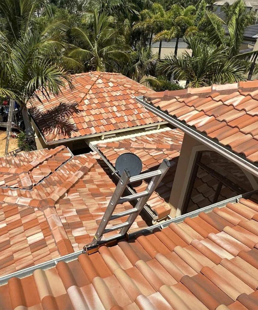 clean terracotta tile roof with ladder