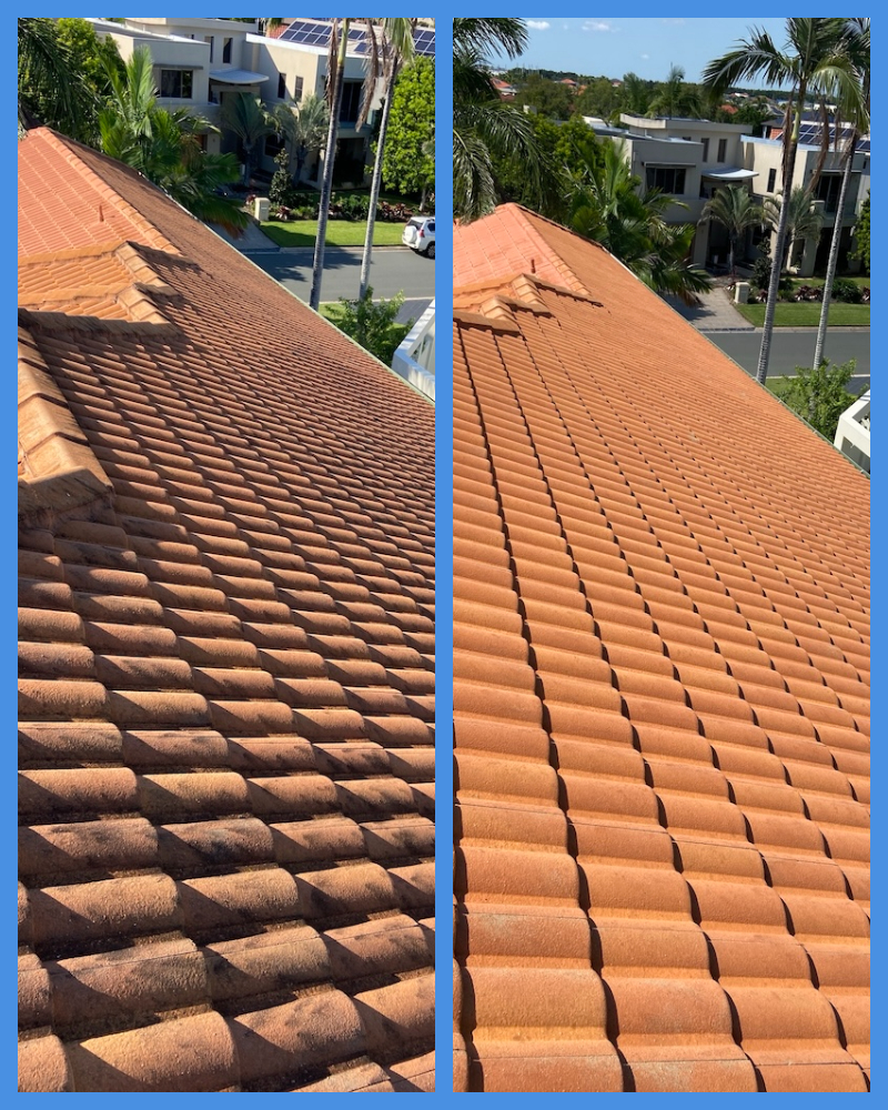 Before and after images of red tile Logan roof after cleaning