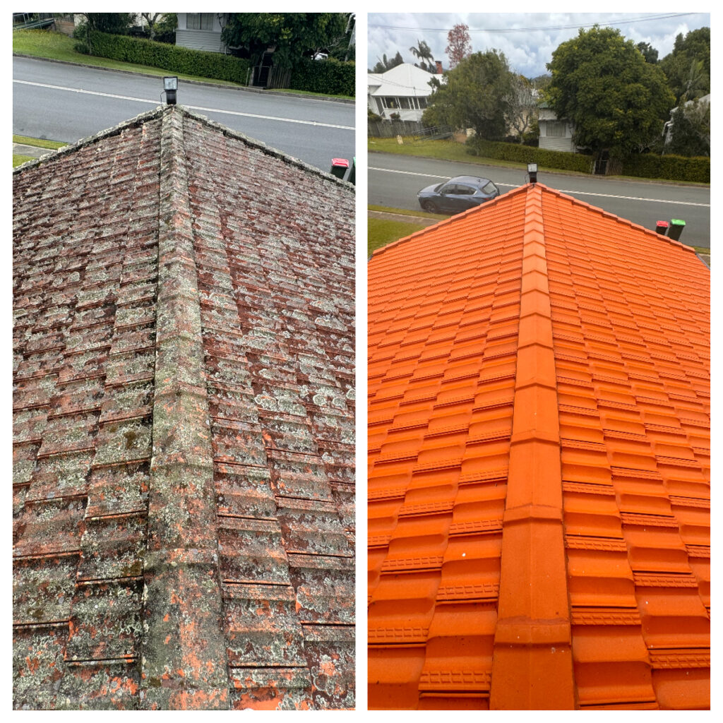 Before and After Images of Augustine Heights Roof. Soft wash was used.