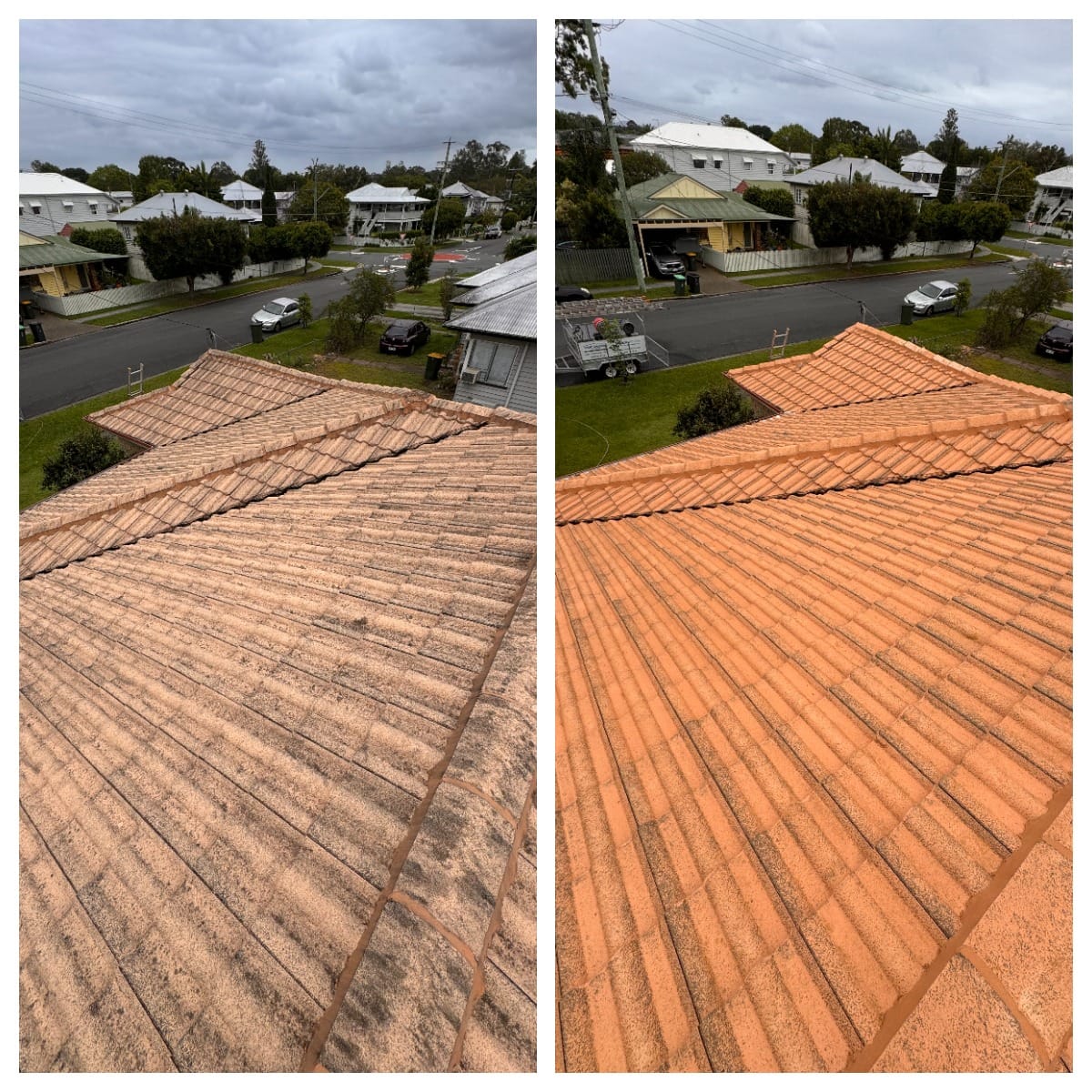 Before and After Images of Augustine Heights Roof. Image taken from top of roof.